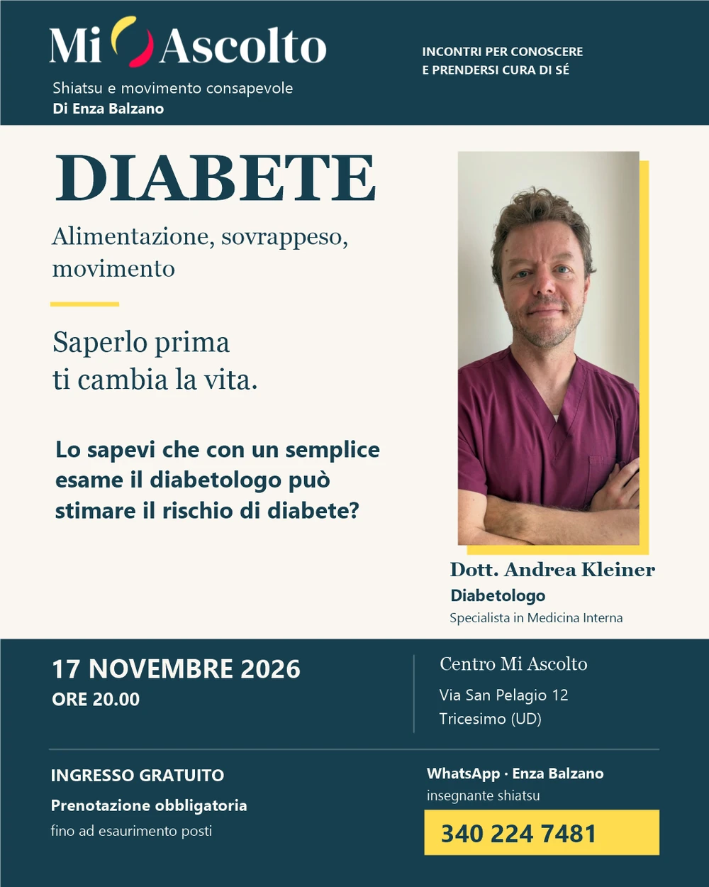 Locandina dell’incontro sul diabete con il Dott. Andrea Kleiner, il 17 novembre 2026 alle 20 a Mi Ascolto, Tricesimo. Ingresso gratuito con prenotazione obbligatoria.